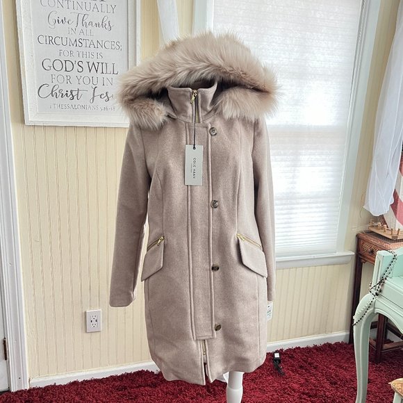 Cole Haan Faux Fur Trimmed Hooded Coat sz 8 NWT - Picture 4 of 11